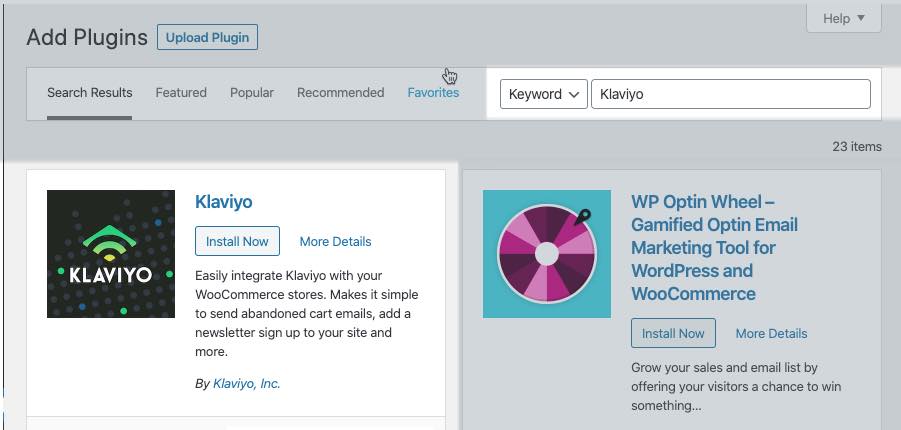 WooCommerce’s Add Plugins page, with Klaviyo in the search bar, and the Klaviyo plugin with Install Now in a blue box