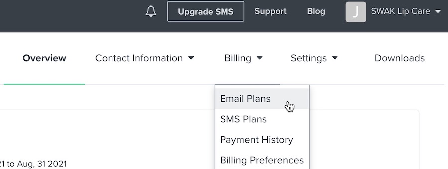 Billing menu expanded showing Email Plans item