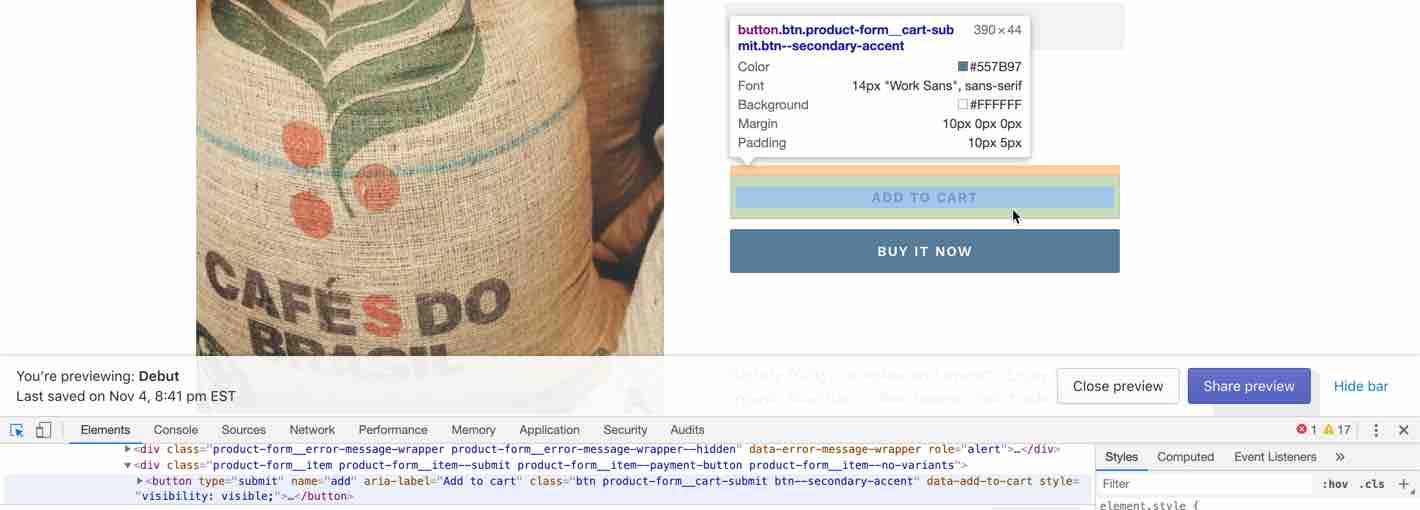 Product page with coffee bag on left and console open, with inspect element popup above Add to Cart and button code highlighted in console