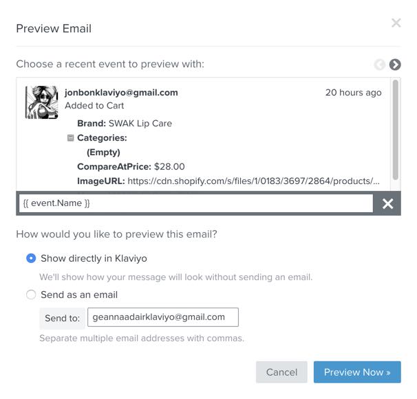 Preview email modal in Klaviyo with event.Name in text box and Show directly in Klaviyo radio button selected, with cancel in grey box and preview now in blue box with arrow