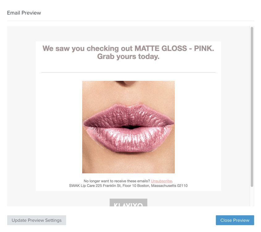 Preview of email in Klaviyo showing lips with pink lipstick in center below We saw you checking out MATTE GLOSS - PINK and Close Preview in blue box