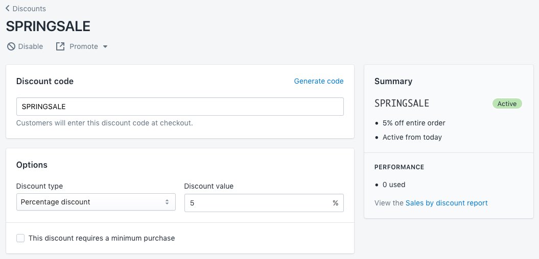 Discounts page in Shopify for SPRINGSALE store showing Discount Code, Discount Type and Value, and Summary