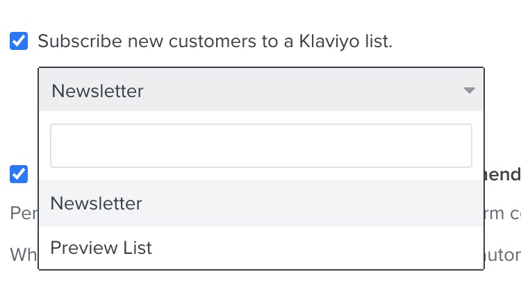 Shopify integration setting in Klaviyo “Subscribe new customers to a Klaviyo list” checked, with dropdown showing Newsletter list selected