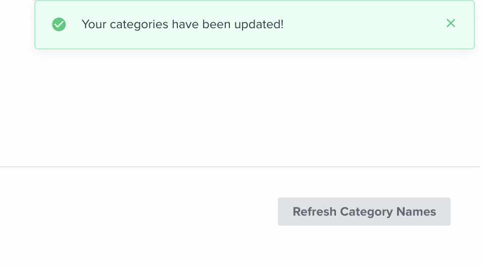 Green success callout your categories have been updated showing on categories page above Refresh Category Names button