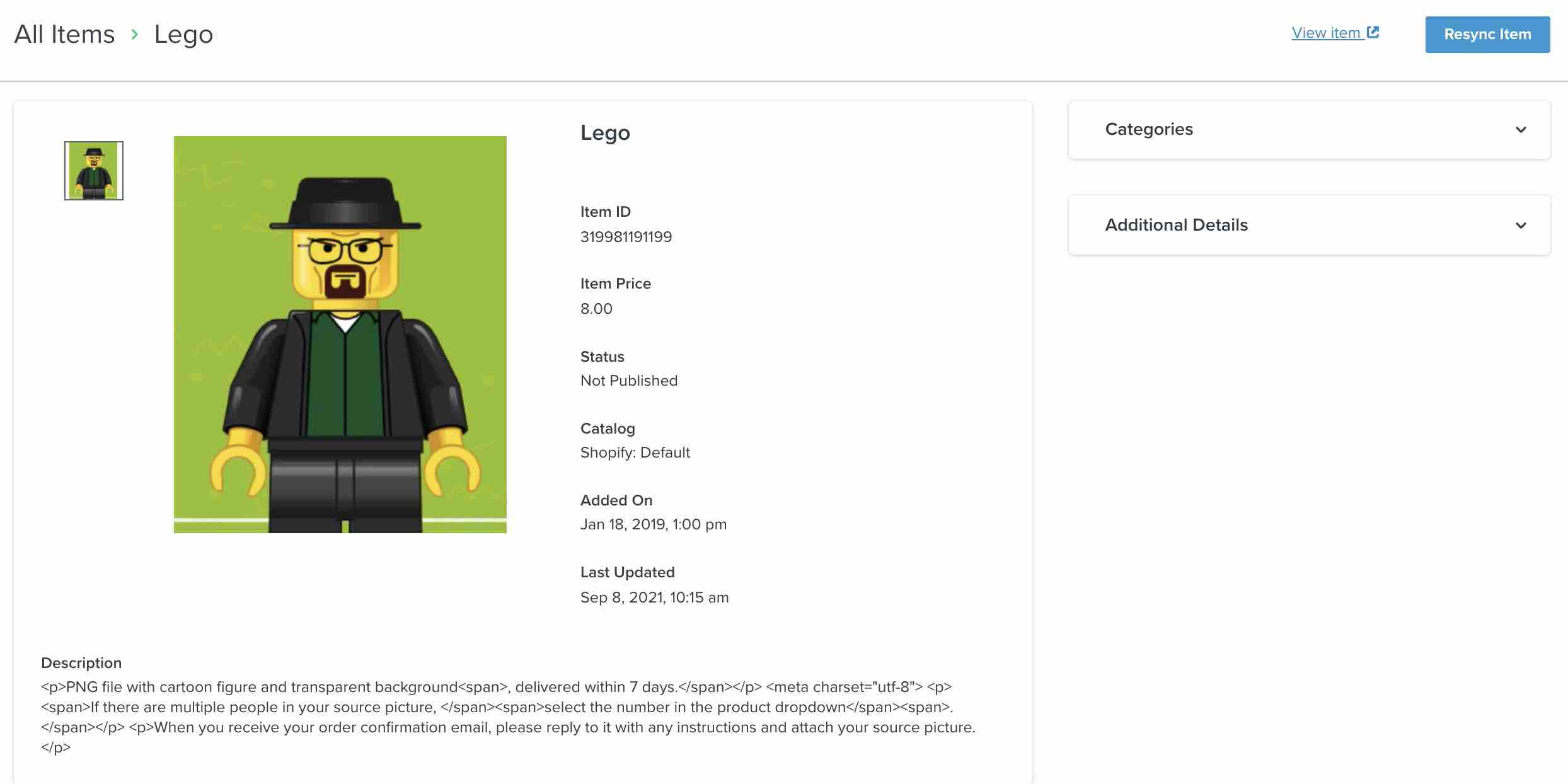 Item page in Klaviyo showing Lego person with hat, glasses, and beard on left with green background, Resync button in upper right