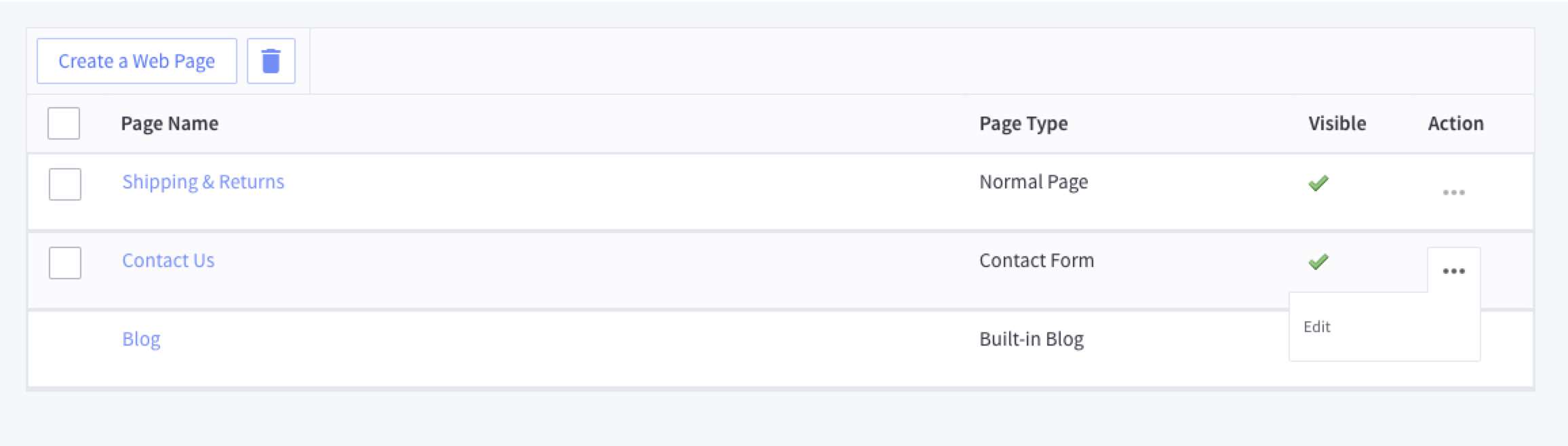In a BigCommerce account’s Webpages menu, the additional options menu is open, revealing an Edit button.