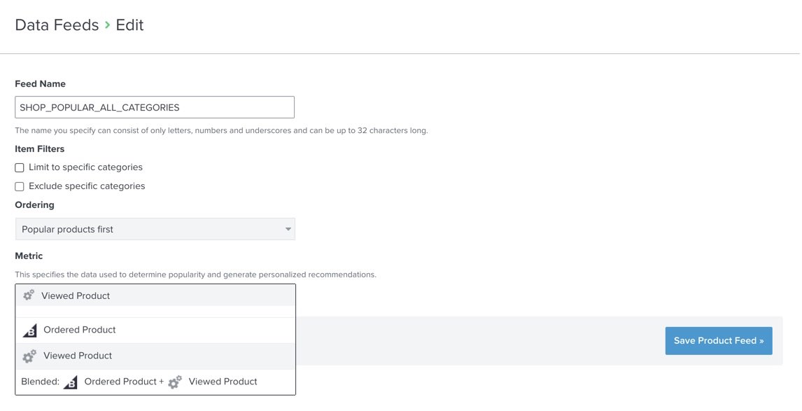 Klaviyo marketing platform's Edit Data Feed settings page, the Metric menu is open with Viewed Product highlighted