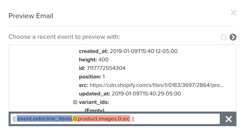 An example of events data inside the Preview Email modal where the events variable for an image shows the image URL path