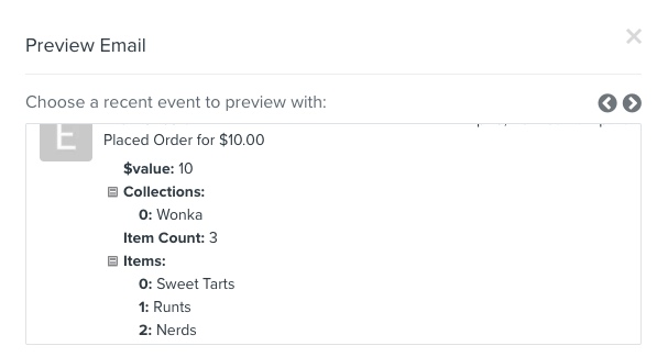 An example of events data inside the Preview Email modal where the event.items variable array shows different candy items
