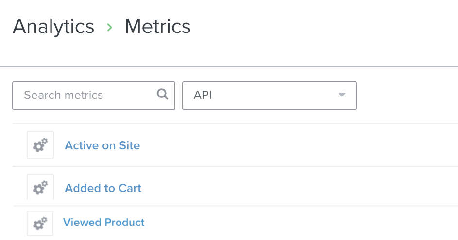 Klaviyo API metric links of Active on Site, Added to Cart, and Viewed Product under a search bar