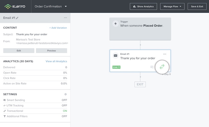 A flow builder in Klaviyo depicting an email action verified as a transactional email with a green checkbox on left