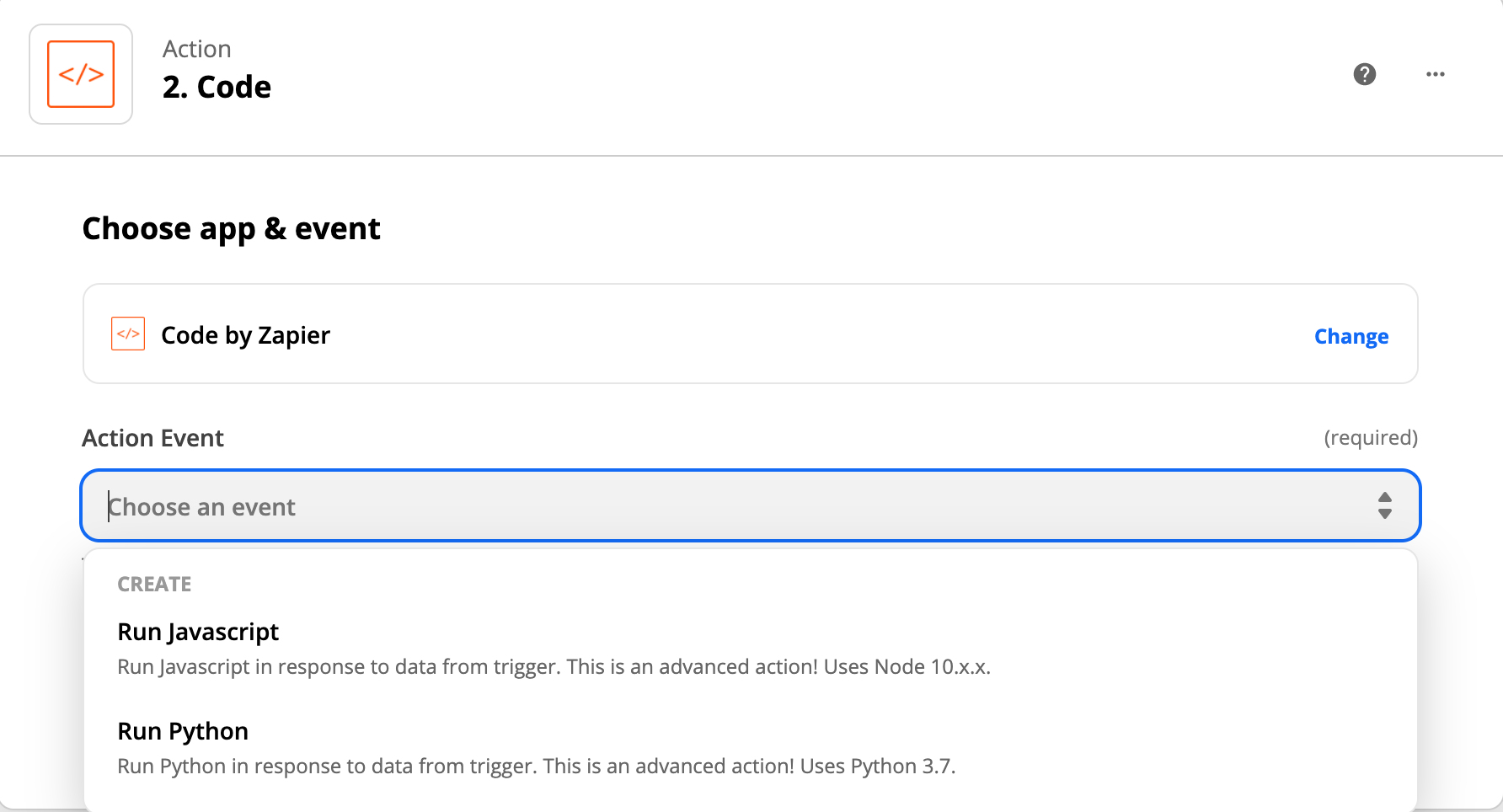 Selecting Run Python from Action Event dropdown in the Zapier code setup menu