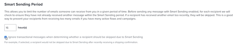View of the Email Settings page in the Klaviyo software focused on the Smart Send Period section
