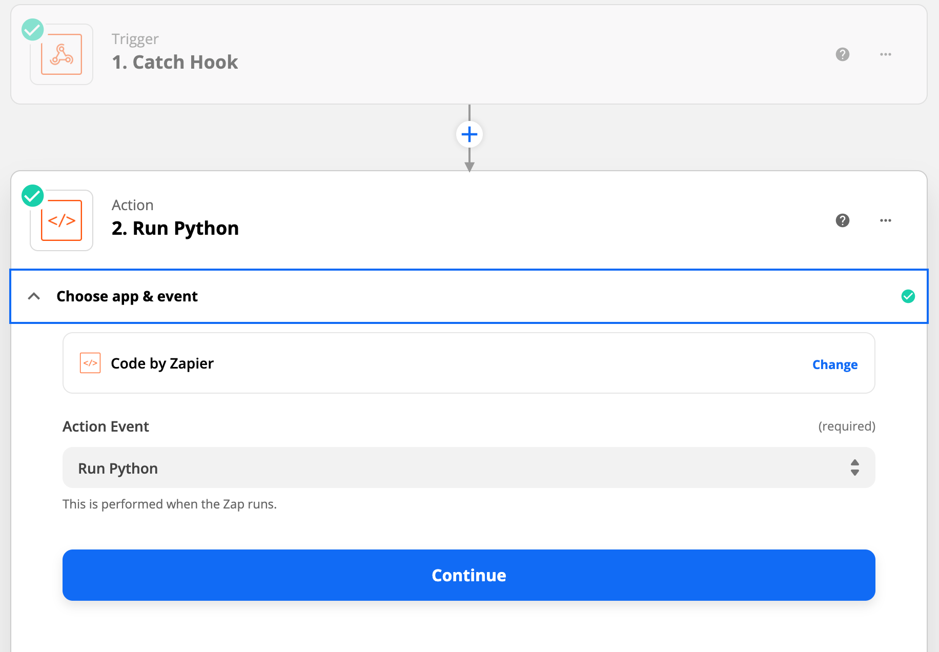 The Run Python Action Event is selected, and the blue Continue button is displayed in the Zapier webhook setup
