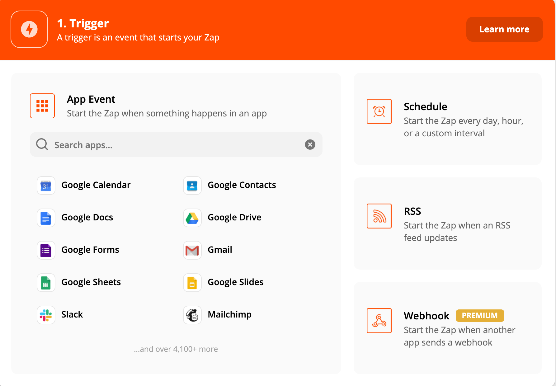 Zapier Trigger menu, showing trigger options of App Event, Schedule,vRSS, and Webhook (Premium)