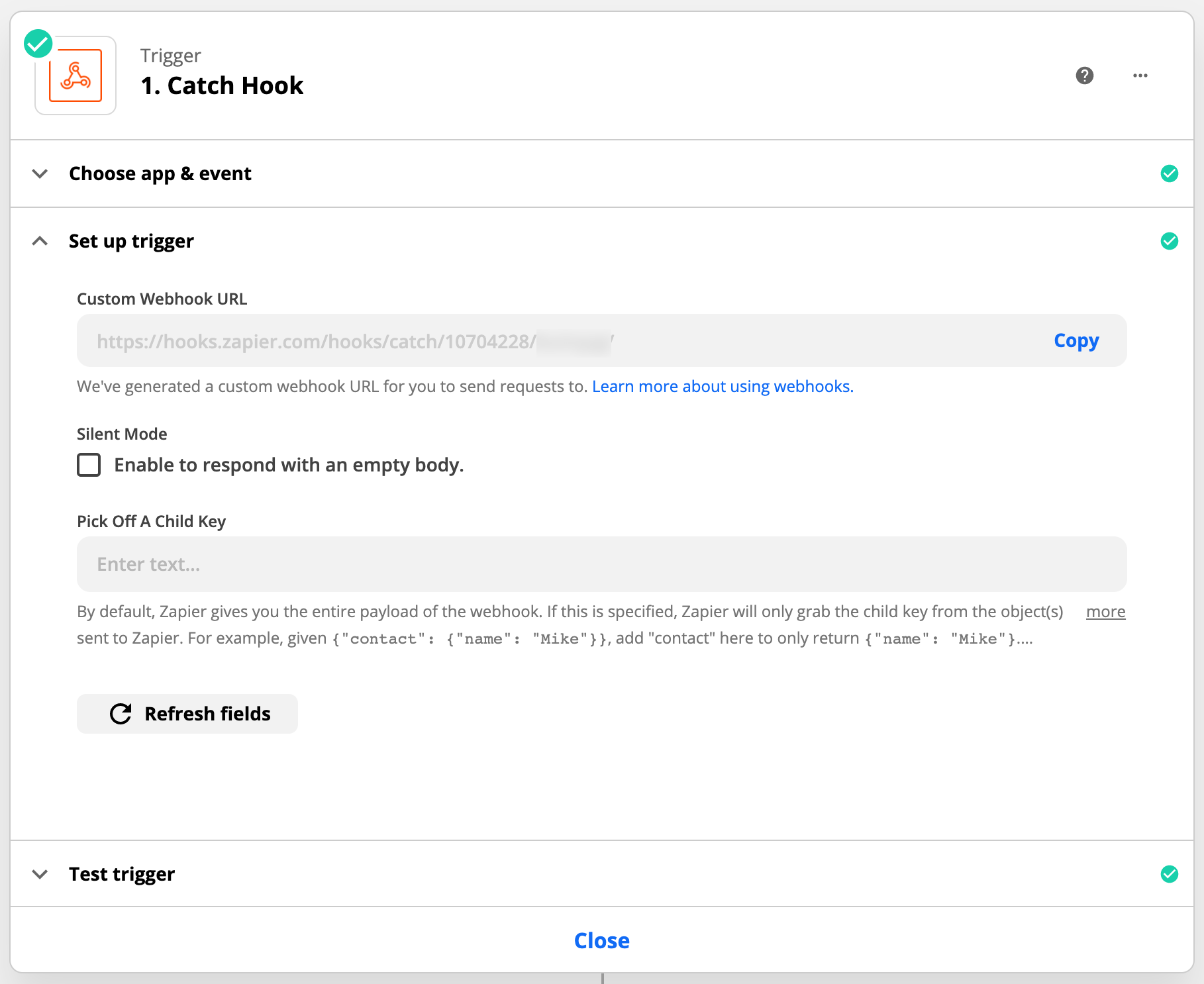 Zapier Trigger setup page, with option to copy the custom webhook URL from the first text box