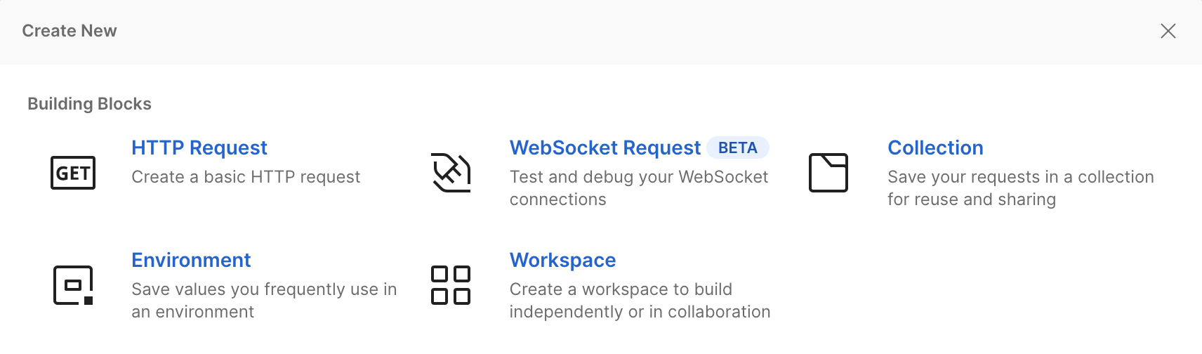 Postman’s Create New request menu, showing HTTP Request under the Building Blocks section