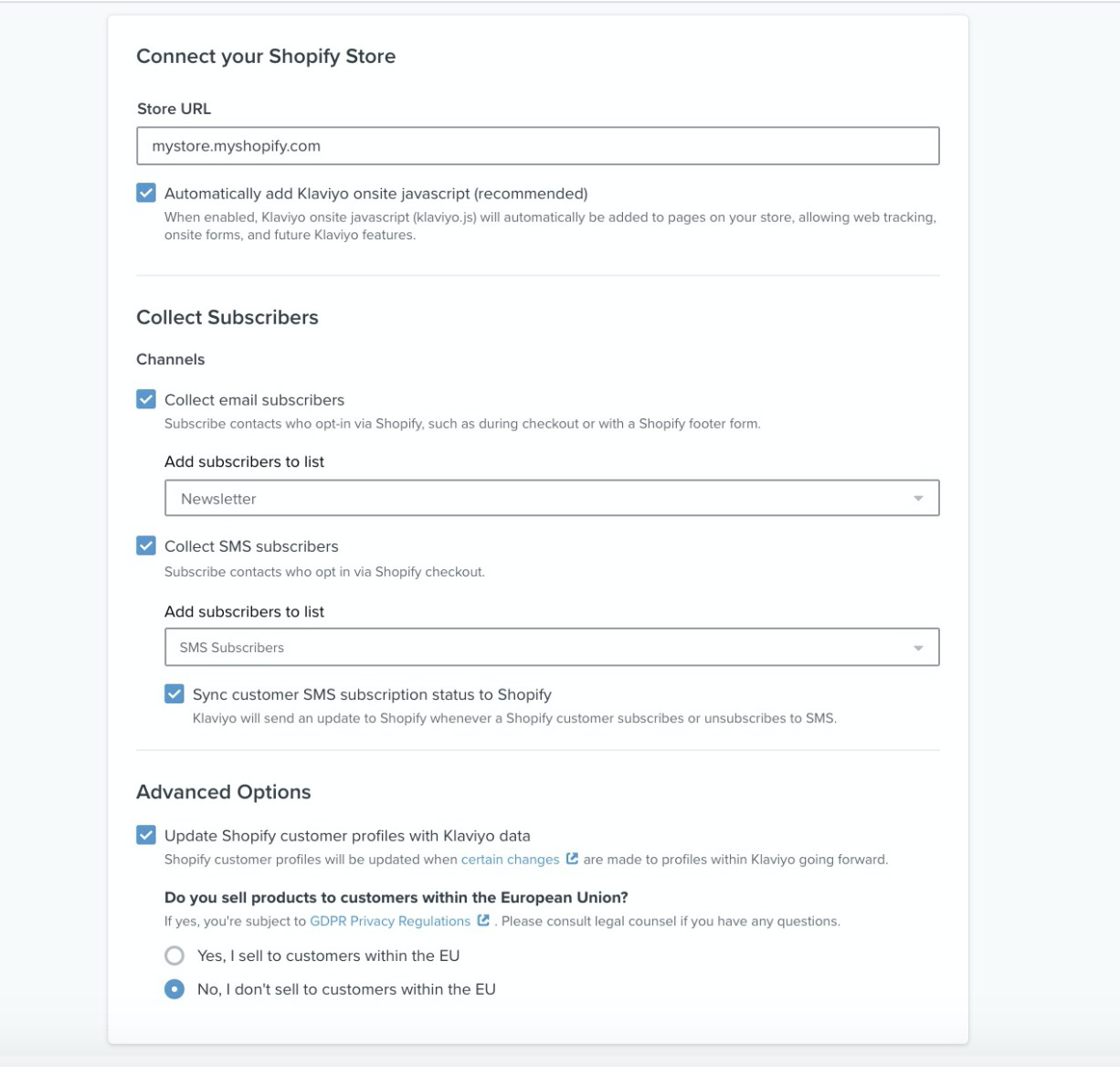 Shopify integration settings page in Klaviyo showing Update Shopify customer profiles with Klaviyo data checked