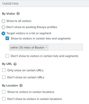 A signup form in the Klaviyo editor targeting the segment of Boston-based profiles to attend a local event.