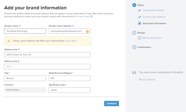 In the third step of the Klaviyo setup wizard, you will fill in your business info including address