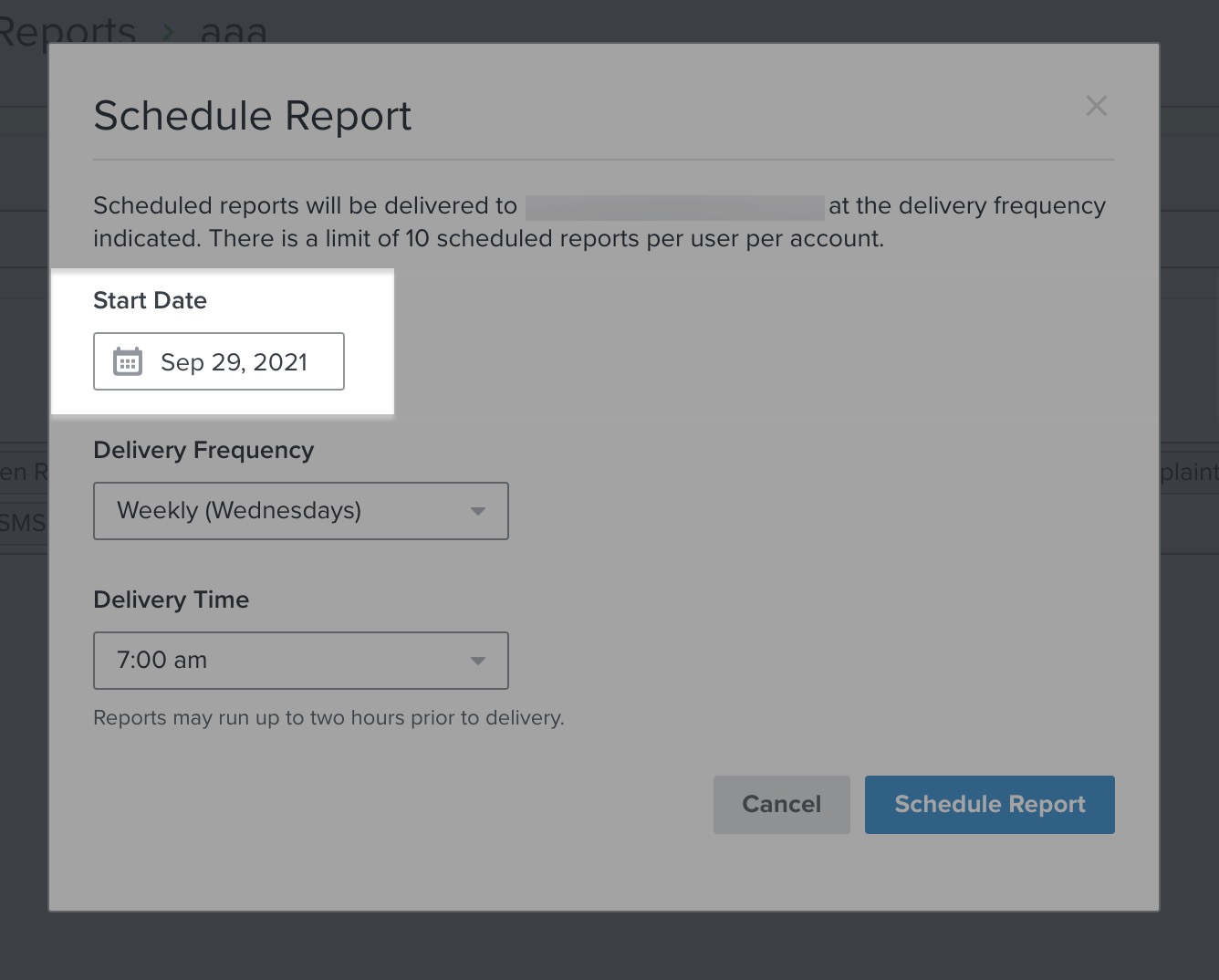 Modal for scheduling custom reports in Klaviyo with Start Data highlighted to choose a date