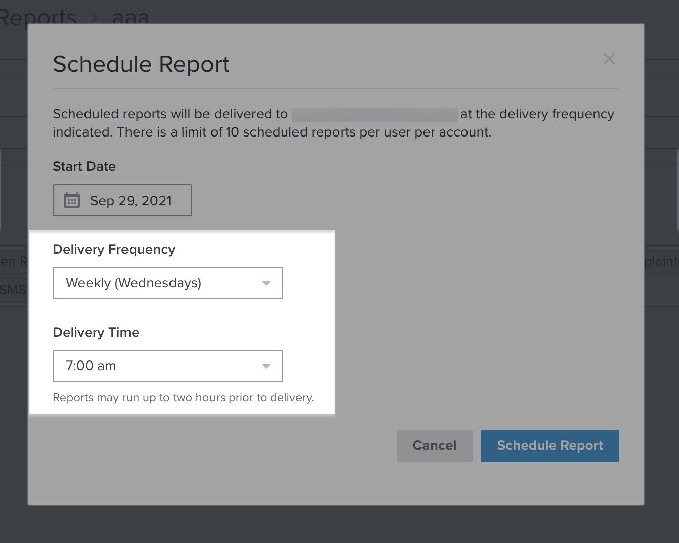 Modal for scheduling custom reports in Klaviyo with Start Data highlighted to choose a delivery frequency