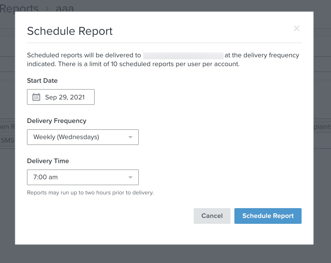 View of the Schedule Reports wizard in Klaviyo in which to edit your existing scheduled report