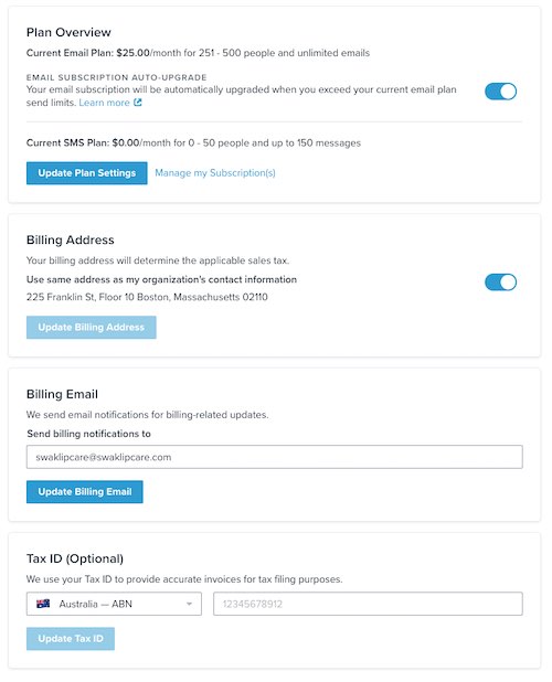 Billing Preferences landing page with first section at top to toggle on Auto upgrades for SMS or email