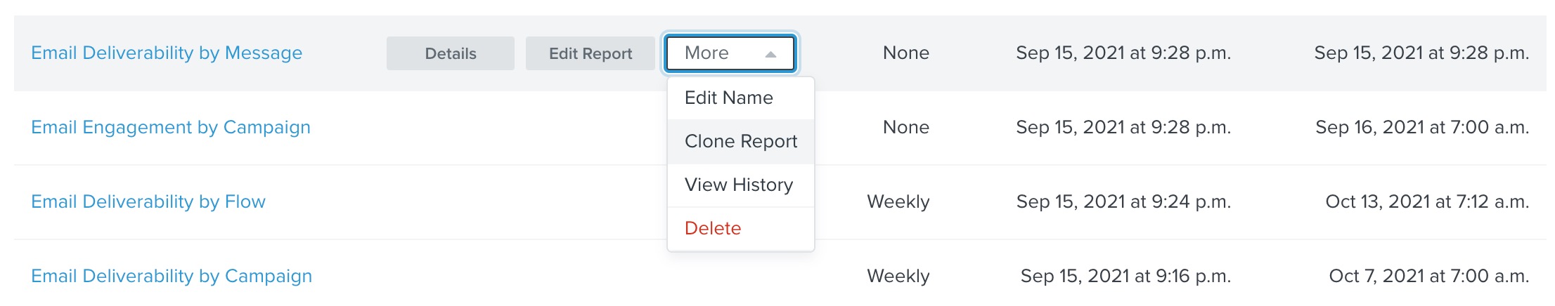 On the Custom Reports list page, the button labeled more to the right of a report will open a dropdown when clicked and shown Clone Report