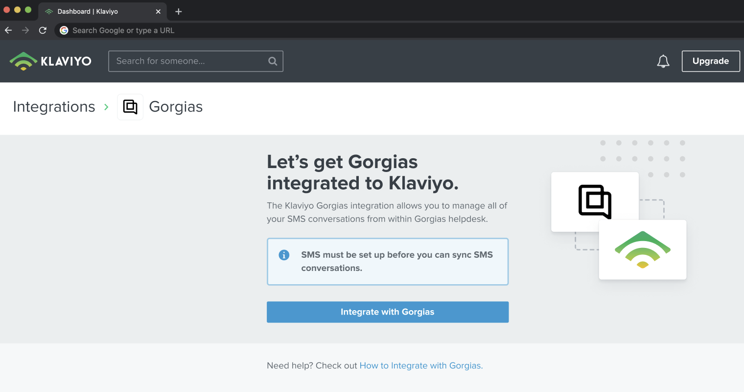 Initial page of Gorgias integration in Klaviyo, with blue button at the bottom to begin integration