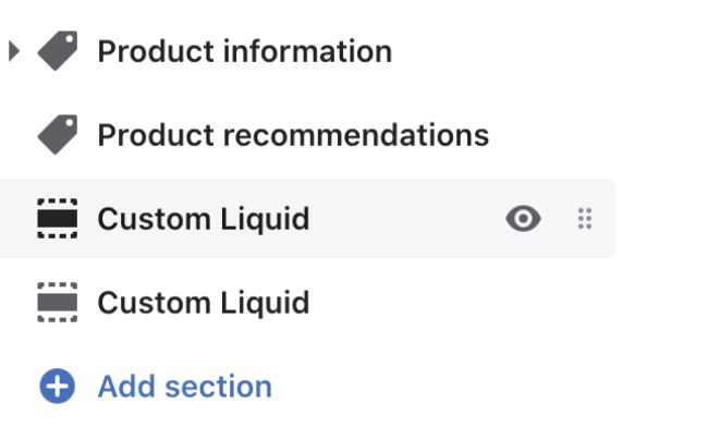 Shopify product page section hierarchy with two custom liquid sections, one showing six gray dots, below other product setions