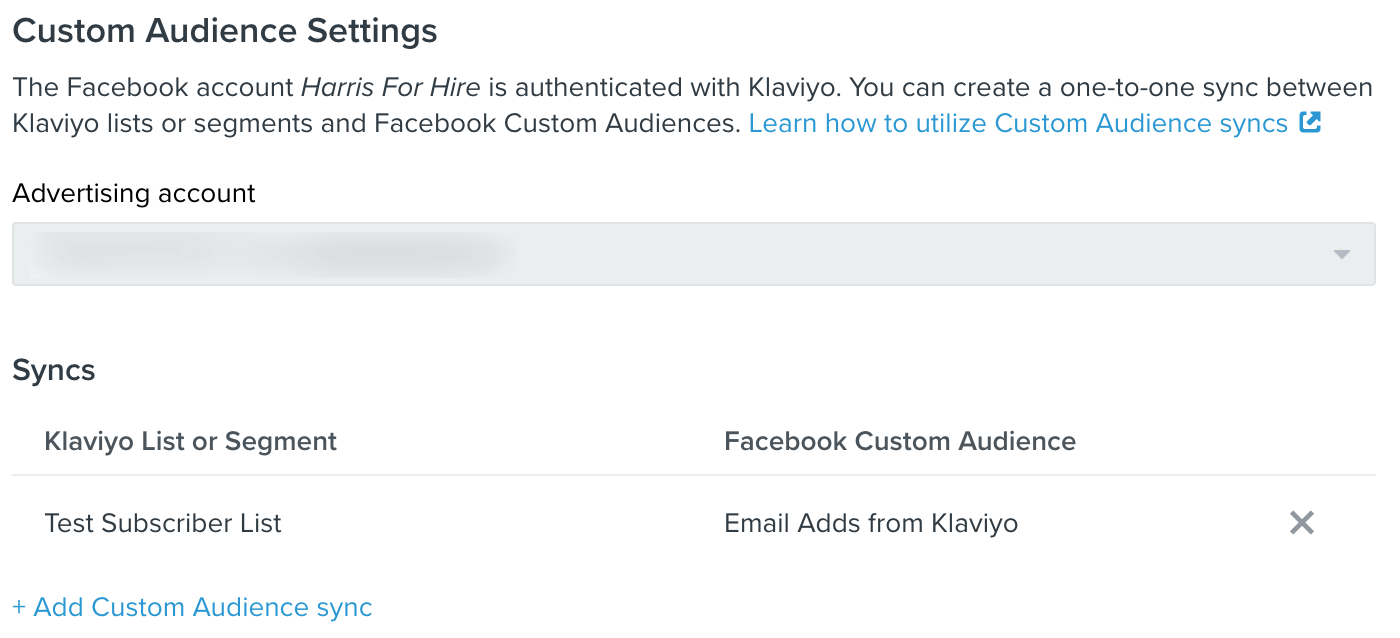 Custom Audience Settings in Klaviyo CRM, selecting the Klaviyo List or Segment and the Facebook Custom Audience