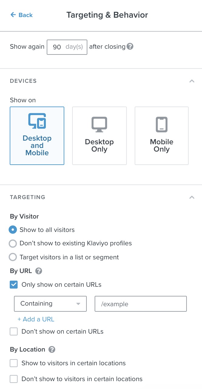 Klaviyo form targeting and behavior settings tab with show on desktop and mobile, show to all visitors, and only show on certain URLs selected