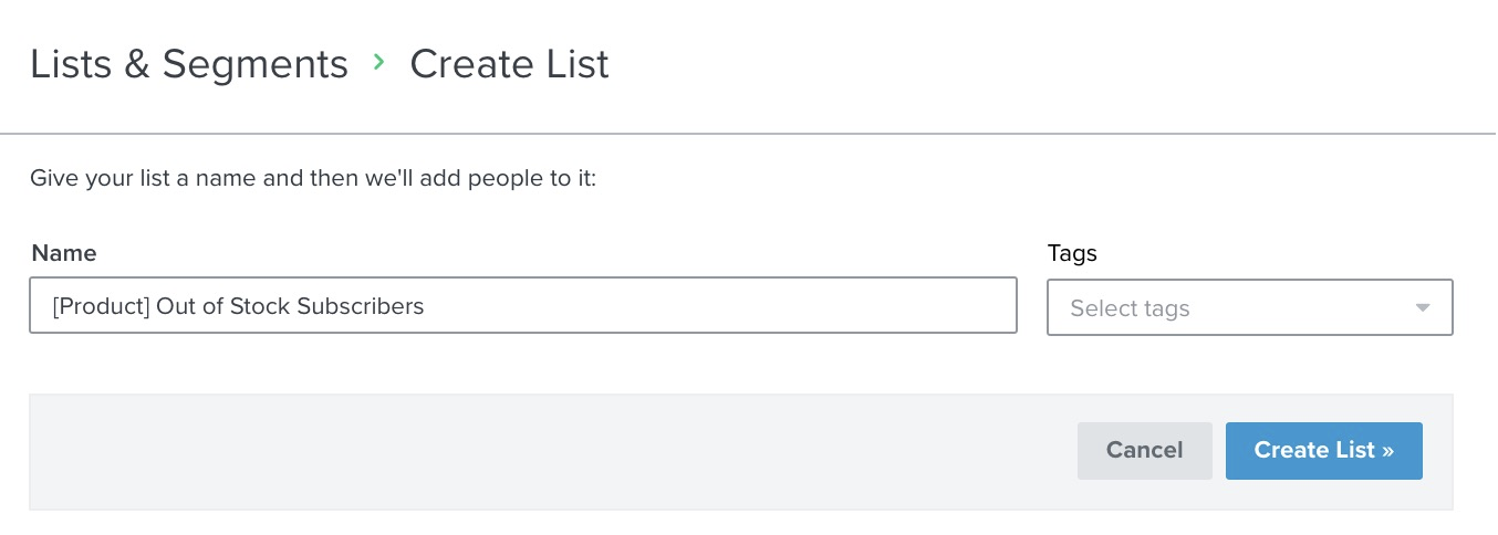 Klaviyo Create List page showing list name Product Out of Stock Subscribers, with Create List with blue background