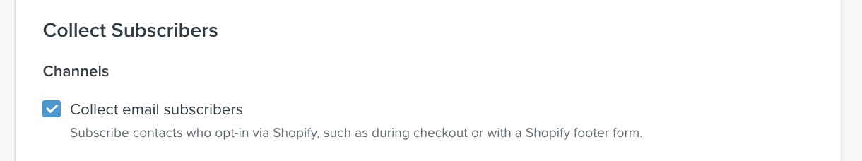 Checked collect email subscribers checkbox with Newsletter selected from dropdown on Klaviyo's Shopify integration settings page
