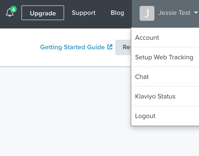 Account dropdown in Klaviyo showing Setup Web Tracking option