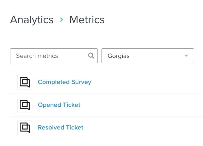 Opened Ticket, Resolved Ticket, and Completed Survey showing as metrics in Klaviyo