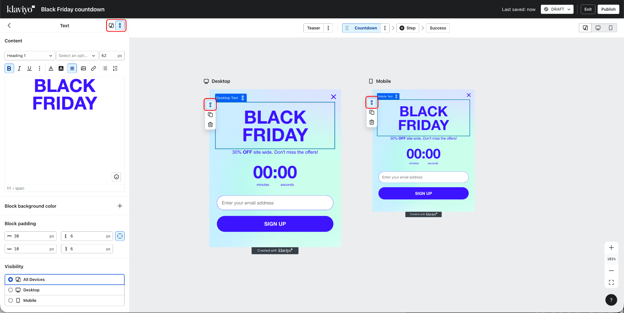 La imagen muestra el editor de formularios de Klaviyo con los botones para desvincular el lienzo y el panel lateral resaltados.