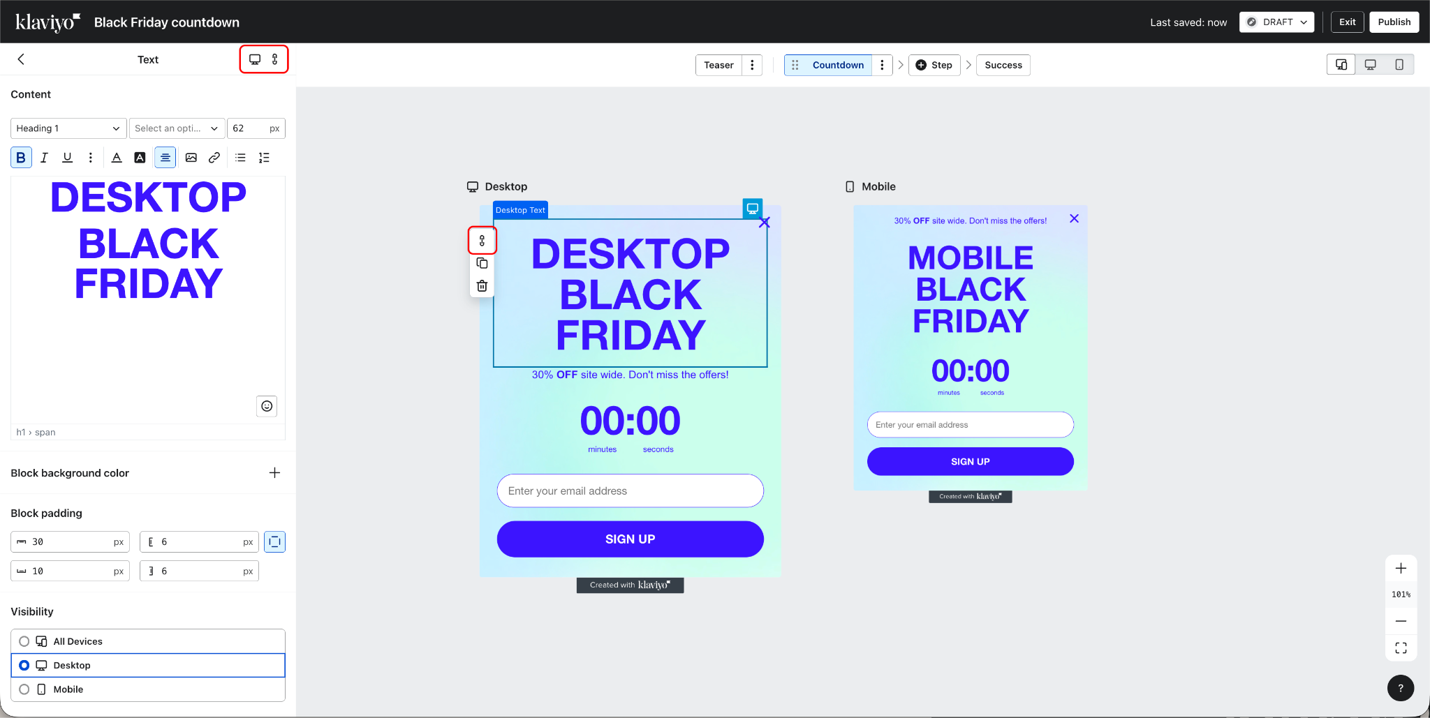 캔버스 내 양식 편집기 및 사이드 패널 링크 버튼이 강조 표시된 Klaviyo 양식 편집기를 보여주는 이미지