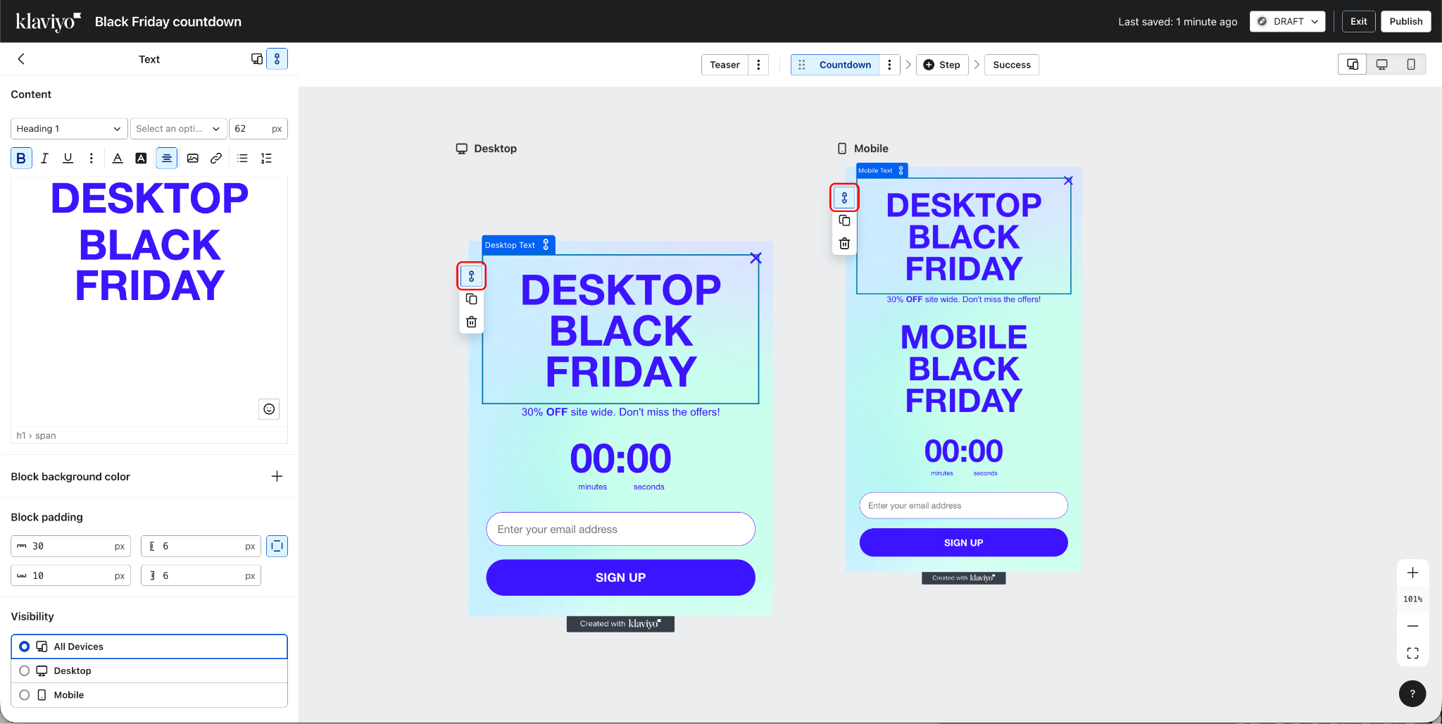 L'immagine che mostra l'editor di moduli di Klaviyo che mostra il risultato della ricollegatura di un blocco dalla vista desktop