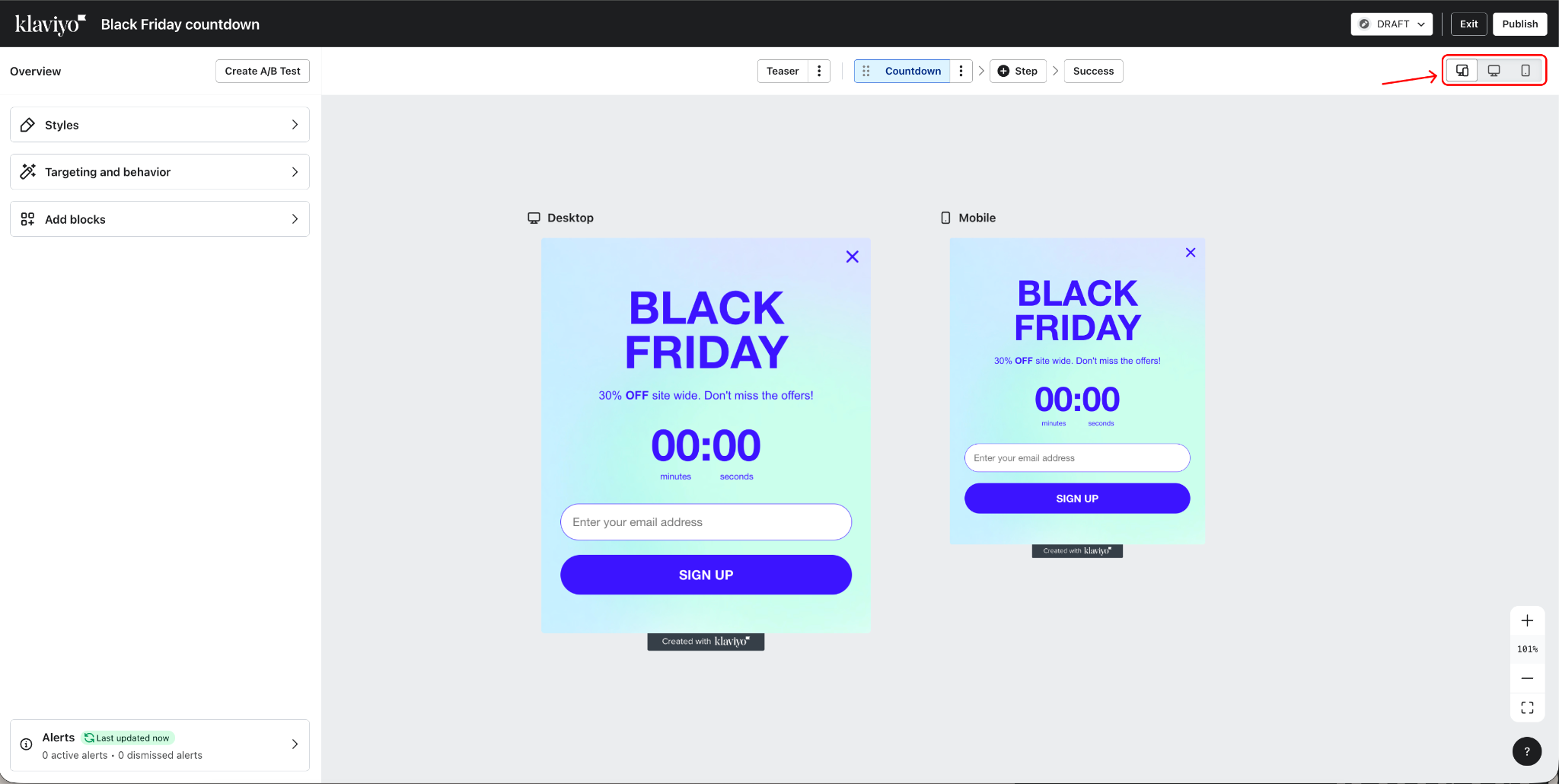 Bilden visar Klaviyo formulärredigerare med enhetsvyns växlar markerade