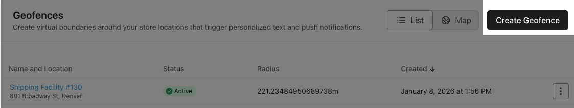 Geofences page showing the create geofence button