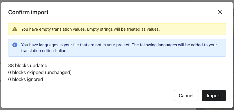 A caixa de diálogo de resumo de importação mostra as contagens de linhas atualizadas, inalteradas e ignoradas, com avisos listados acima do botão Importar.
