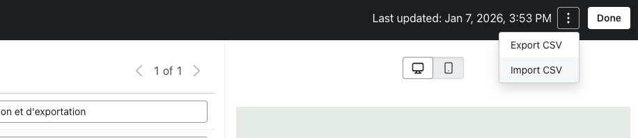 Editor de traducciones con la opción Exportar CSV resaltada en el menú de acciones