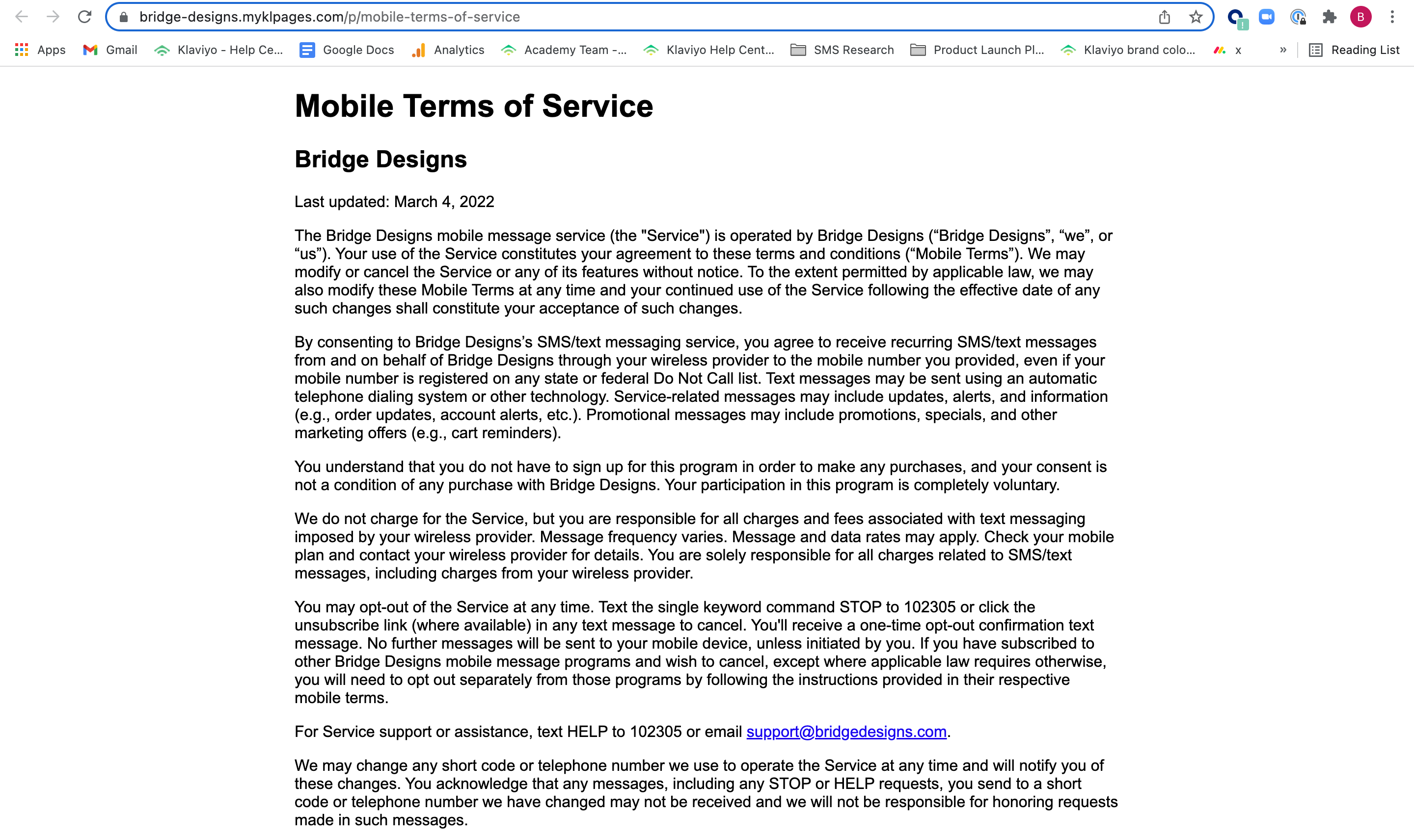 Example of a SMS terms of service page created and hosted in Klaviyo