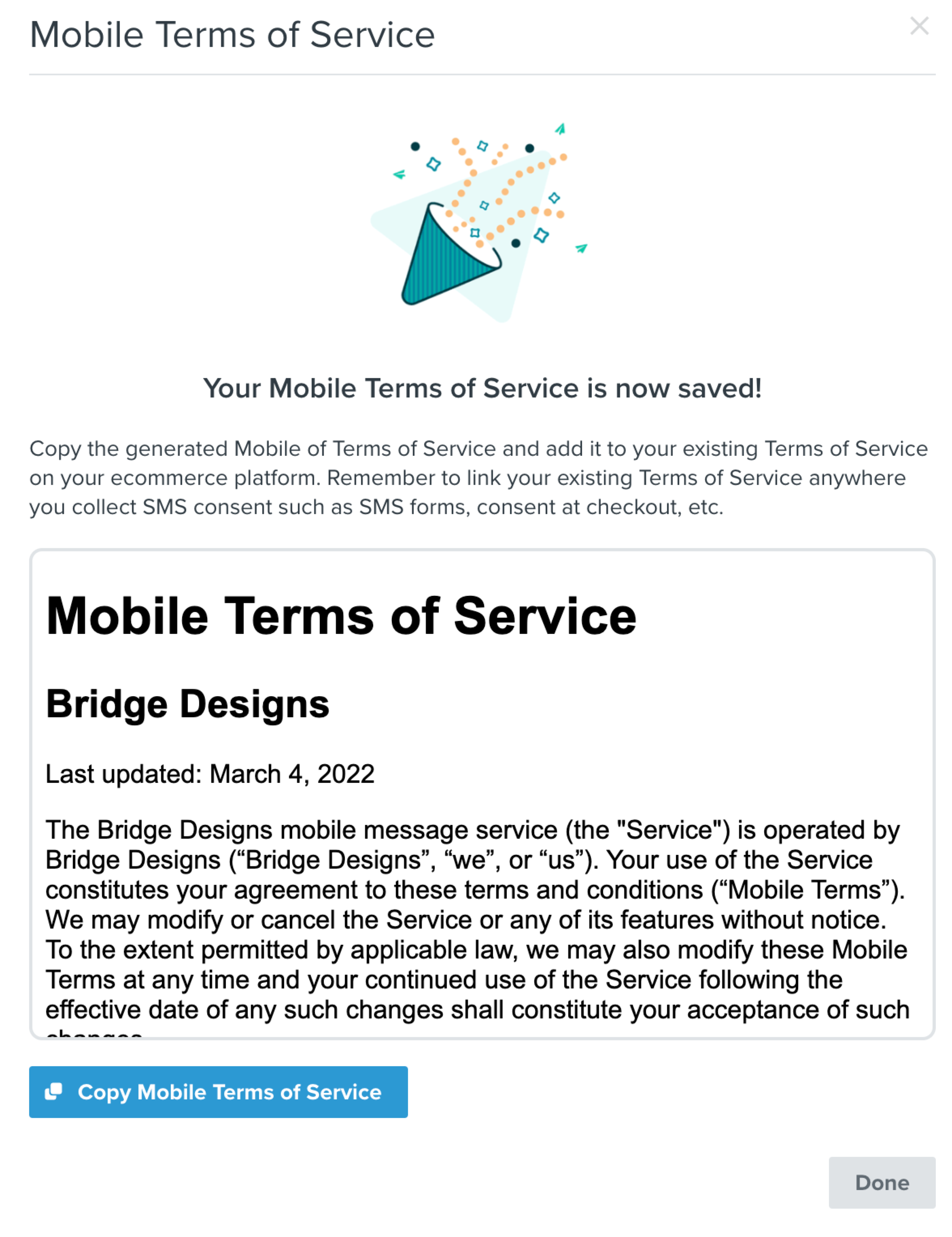 Modal showing the option to copy the generated Mobile Terms of Service to use in an existing page