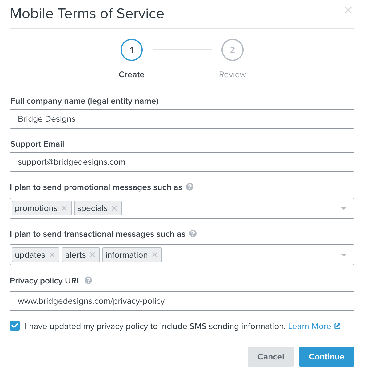Inputted company and use case information for a Mobile Terms of Service