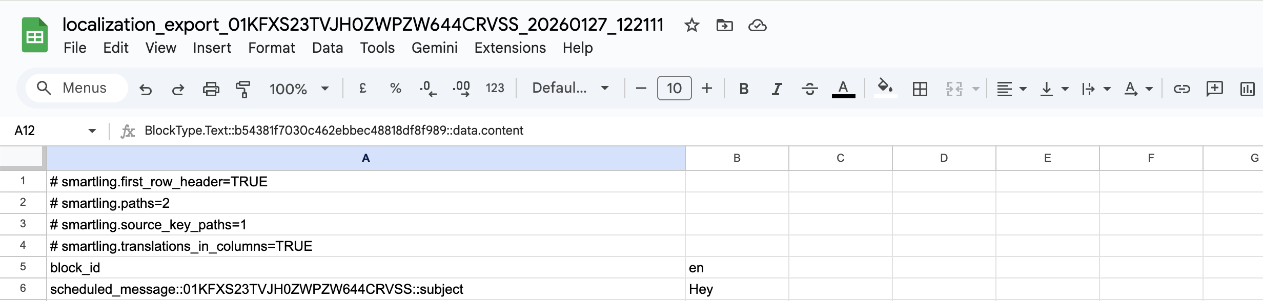 Voorbeeldvertaling CSV in Google sheets met smartling directives, block_id, brontaal kolomcode, voor één rij.