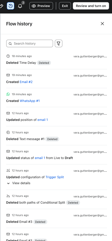 Il pannello Storia del flusso, chiamato anche changelog.