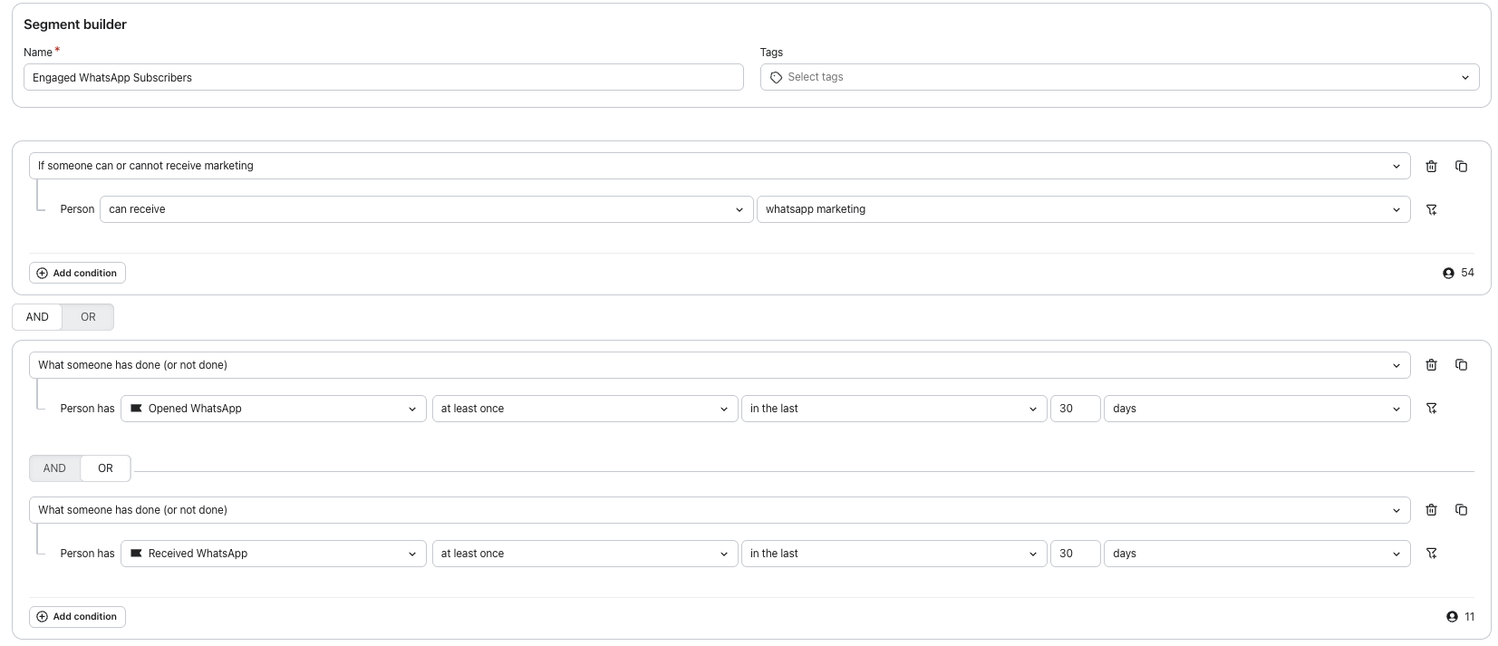 참여도가 높은 WhatsApp 세그먼트